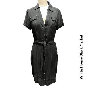 🍂 WHITE HOUSE BLACK MARKET black shirt dress with tie waist + size 4